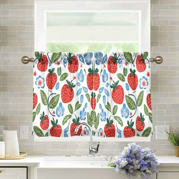 Yayeee Kitchen Curtains Light Filtering 27"x36" Rod Pocket Short Cafe Window Panel, Vibrant Strawberries