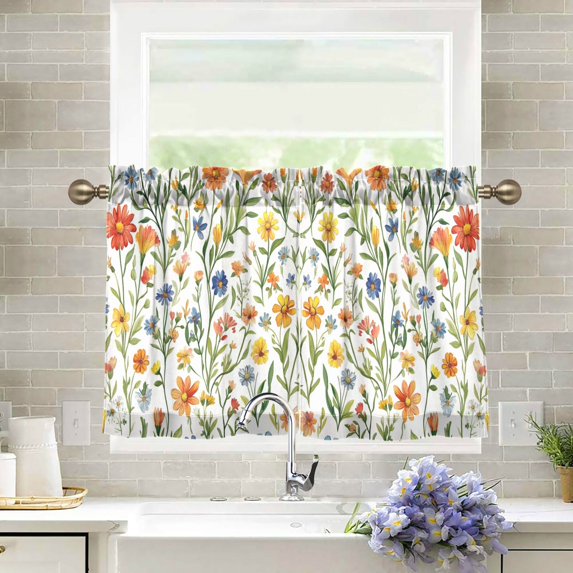 Yayeee Kitchen Curtains Tier Pair Light Filtering 27"x36" Rod Pocket Short Cafe Window Panel, Watercolor Wildflowers Pattern