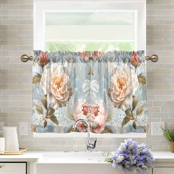 Yayeee Kitchen Curtains Tier Pair Light Filtering 27"x36" Rod Pocket Short Cafe Window Panel, Whimsical Rose