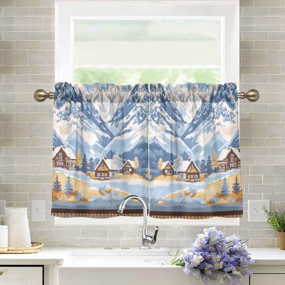 Yayeee Kitchen Curtains Tier Pair Light Filtering 27"x36" Rod Pocket Short Cafe Window Panel, Winter Mountain