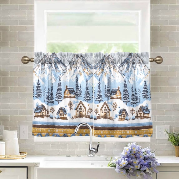 Yayeee Kitchen Curtains Tier Pair Light Filtering 27"x36" Rod Pocket Short Cafe Window Panel, Winter Village