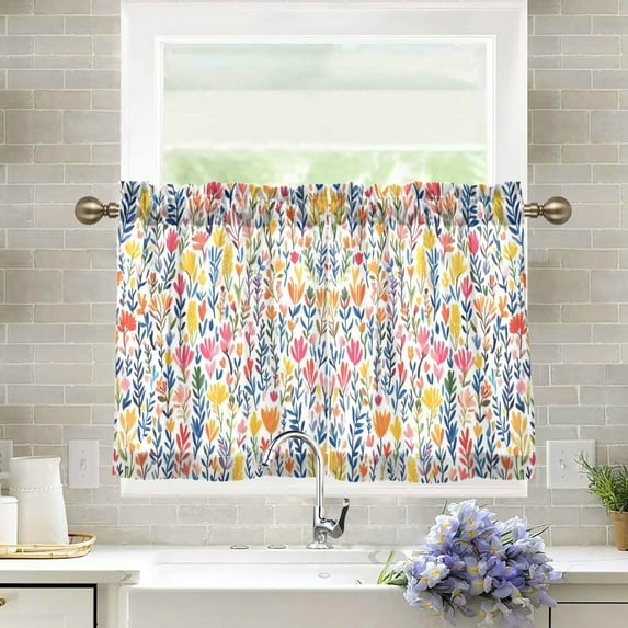 Yayeee Kitchen Curtains Tier Pair Light Filtering 27"x36" Rod Pocket Short Cafe Window Panel, Yellow Wildflower Pattern