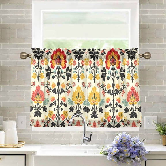 Yayeee Kitchen Curtains Tier Pair Light Filtering 27"x24" Rod Pocket Short Cafe Window Panel, Beige Floral