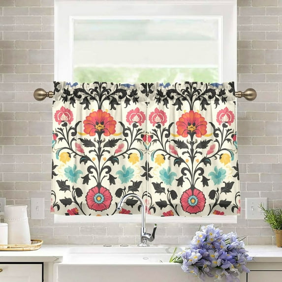 Yayeee Kitchen Curtains Tier Pair Light Filtering 27"x24" Rod Pocket Short Cafe Window Panel, Beige Red Floral