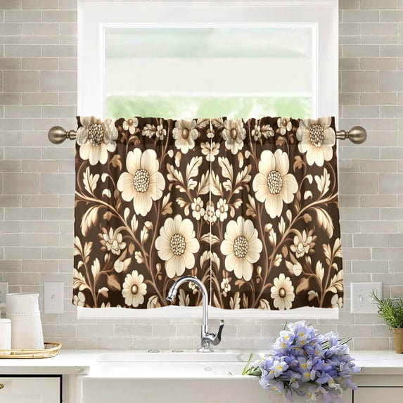 Yayeee Kitchen Curtains Tier Pair Light Filtering 27"x24" Rod Pocket Short Cafe Window Panel, Brown Floral