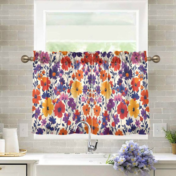 Yayeee Kitchen Curtains Tier Pair Light Filtering 27"x24" Rod Pocket Short Cafe Window Panel, Colorful Flowers Pattern