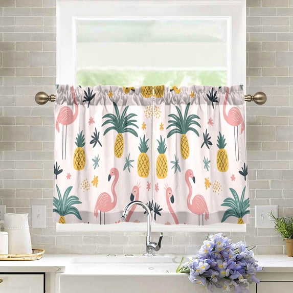 Yayeee Kitchen Curtains Tier Pair Light Filtering 27"x24" Rod Pocket Short Cafe Window Panel, Flamingo Pattern