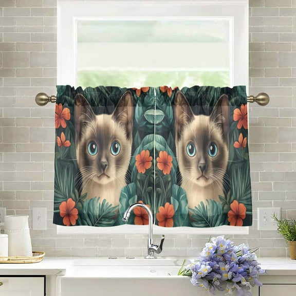 Yayeee Kitchen Curtains Tier Pair Light Filtering 27"x24" Rod Pocket Short Cafe Window Panel, Flowers And Cat