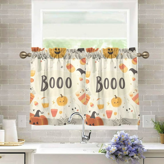 Yayeee Kitchen Curtains Tier Pair Light Filtering 27"x24" Rod Pocket Short Cafe Window Panel, Halloween Cute Pumpkins