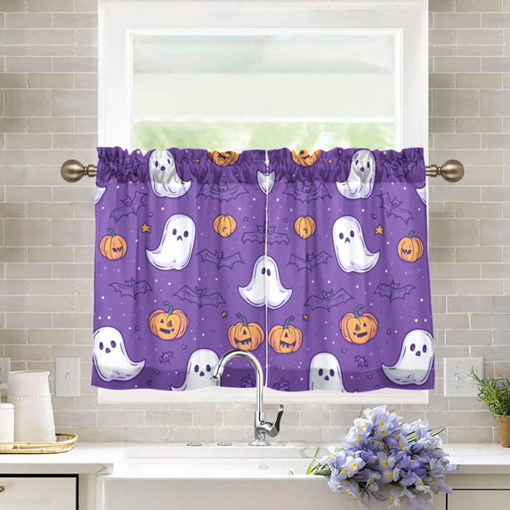 Yayeee Kitchen Curtains Tier Pair Light Filtering 27"x24" Rod Pocket Short Cafe Window Panel, Halloween Purple Ghosts