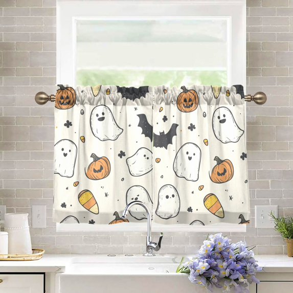 Yayeee Kitchen Curtains Tier Pair Light Filtering 27"x24" Rod Pocket Short Cafe Window Panel, Halloween Smiley Ghosts