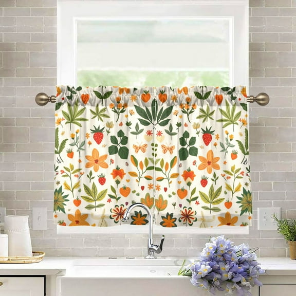 Yayeee Kitchen Curtains Light Filtering 27"x24" Rod Pocket Short Cafe Window Panel, Leaves Pattern