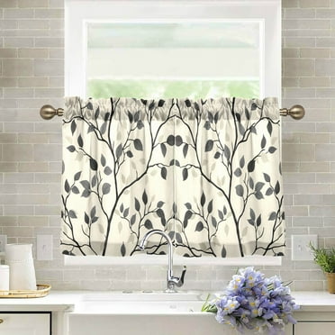 Yayeee Kitchen Curtains Light Filtering 27"x24" Rod Pocket Short Cafe Window Panel, Leaves Pattern
