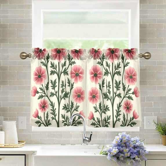 Yayeee Kitchen Curtains Tier Pair Light Filtering 27"x24" Rod Pocket Short Cafe Window Panel, Light Pink Flowers