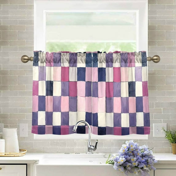 Yayeee Kitchen Curtains Tier Pair Light Filtering 27"x24" Rod Pocket Short Cafe Window Panel, Pink White And Purple Plaid Pattern