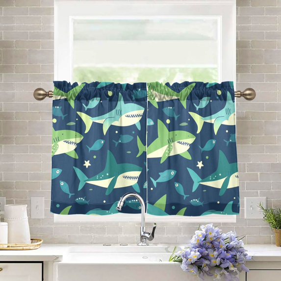 Yayeee Kitchen Curtains Tier Pair Light Filtering 27"x24" Rod Pocket Short Cafe Window Panel, Sharks Pattern