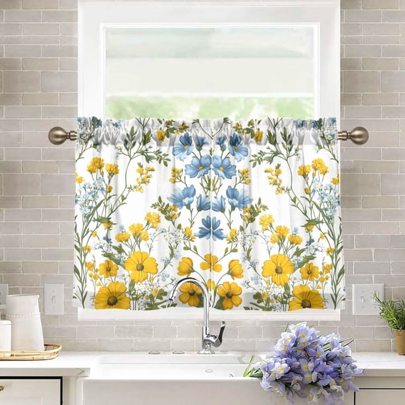 Yayeee Kitchen Curtains Tier Pair Light Filtering 27"x24" Rod Pocket Short Cafe Window Panel, Yellow Floral