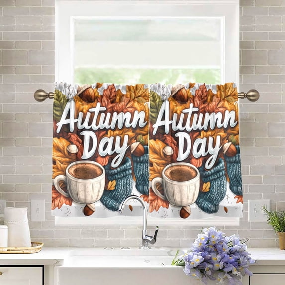 Yayeee Kitchen Curtains Tier Pair Light Filtering 27"x36" Rod Pocket Short Cafe Window Panel, Autumn Day Pattern