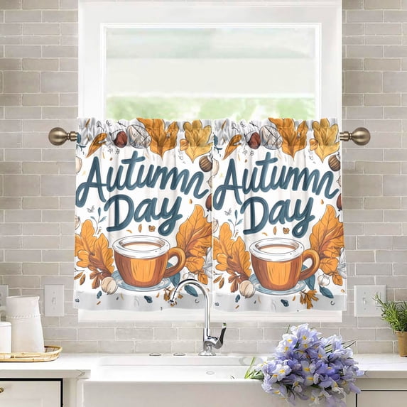 Yayeee Kitchen Curtains Tier Pair Light Filtering 27"x36" Rod Pocket Short Cafe Window Panel, Autumn Day With Cocoa Pattern