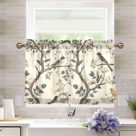 Yayeee Kitchen Curtains Tier Pair Light Filtering 27"x36" Rod Pocket Short Cafe Window Panel, Beige Birds