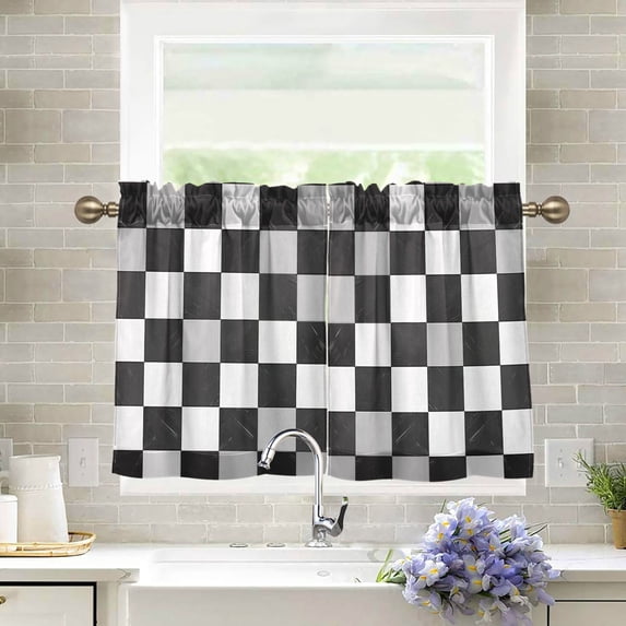 Yayeee Kitchen Curtains Tier Pair Light Filtering 27"x36" Rod Pocket Short Cafe Window Panel, Black White And Grey Plaid Pattern