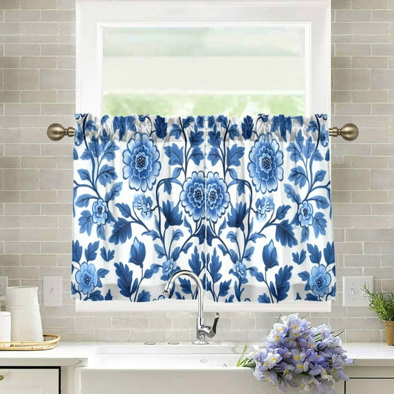 Yayeee Kitchen Curtains Tier Pair Light Filtering 27"x36" Rod Pocket Short Cafe Window Panel, Blue Floral Pattern
