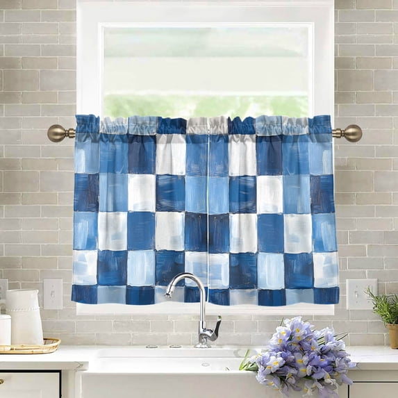 Yayeee Kitchen Curtains Tier Pair Light Filtering 27"x36" Rod Pocket Short Cafe Window Panel, Blue White And Gray Plaid Pattern