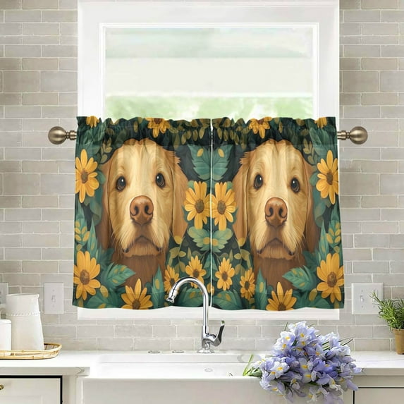 Yayeee Kitchen Curtains Tier Pair Light Filtering 27"x36" Rod Pocket Short Cafe Window Panel, Flowers And Dog