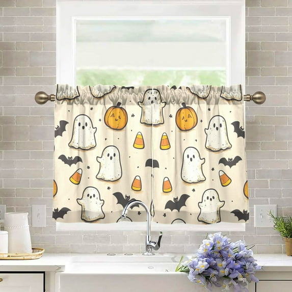 Yayeee Kitchen Curtains Tier Pair Light Filtering 27"x36" Rod Pocket Short Cafe Window Panel, Halloween Cute Ghosts