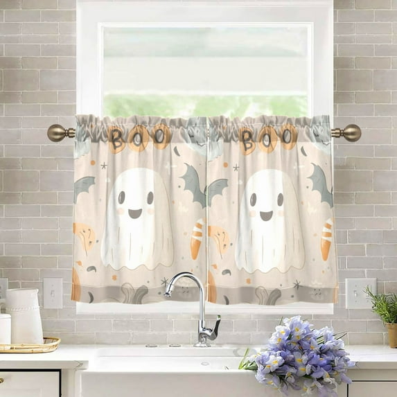 Yayeee Kitchen Curtains Tier Pair Light Filtering 27"x36" Rod Pocket Short Cafe Window Panel, Halloween Ghosts