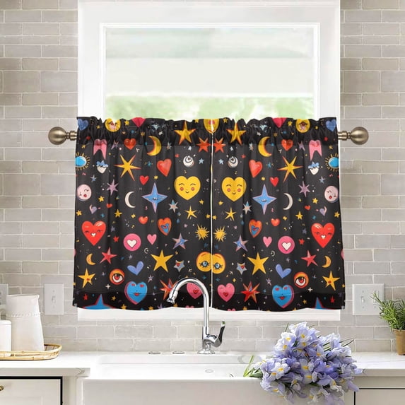 Yayeee Kitchen Curtains Tier Pair Light Filtering 27"x36" Rod Pocket Short Cafe Window Panel, Moon Pattern