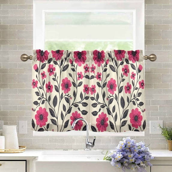 Yayeee Kitchen Curtains Tier Pair Light Filtering 27"x36" Rod Pocket Short Cafe Window Panel, Pink Flowers