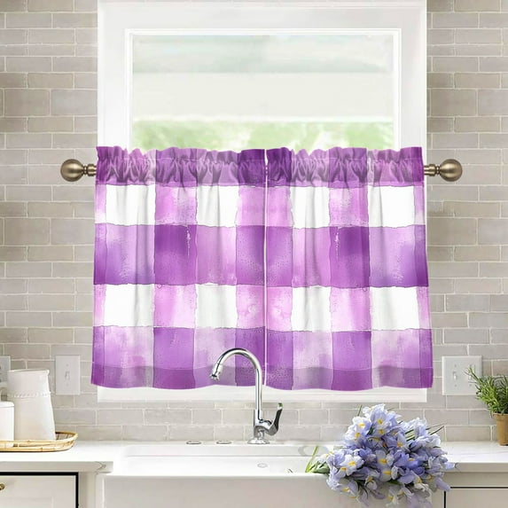 Yayeee Kitchen Curtains Tier Pair Light Filtering 27"x36" Rod Pocket Short Cafe Window Panel, Purple And White Pattern