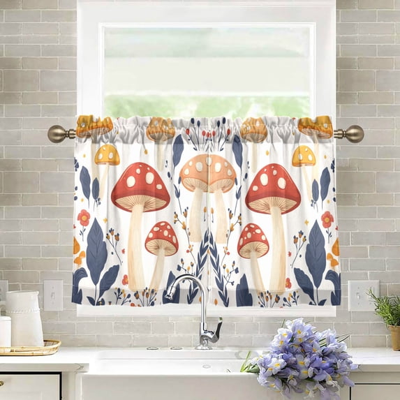 Yayeee Kitchen Curtains Tier Pair Light Filtering 27"x36" Rod Pocket Short Cafe Window Panel, Tall Mushroom