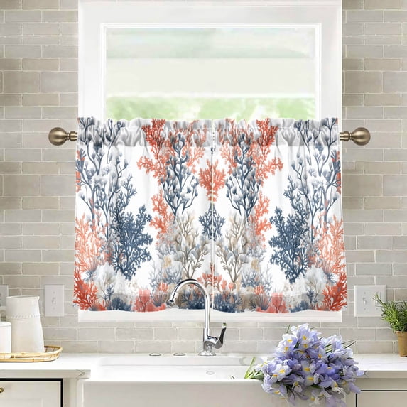 Yayeee Kitchen Curtains Tier Pair Light Filtering 27"x36" Rod Pocket Short Cafe Window Panel, White Sea Plants