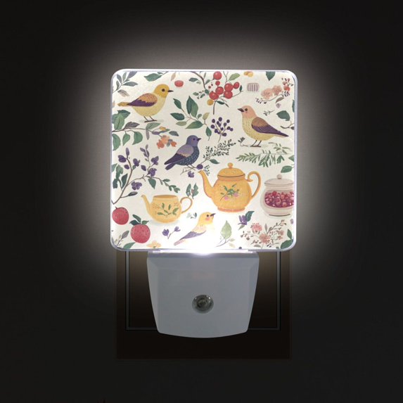 Yayeee LED Plug in Night Light for The Home with Auto Dusk to Dawn Light Sensors, 2 Pack, Birds and Teapots