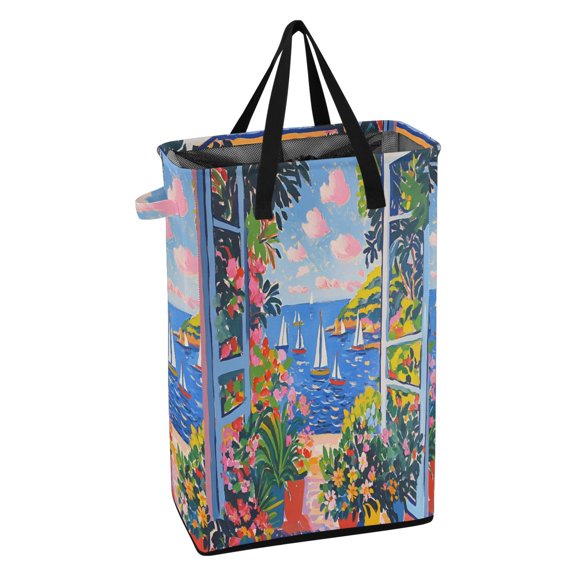 Yayeee Laundry Basket Collapsible Clothes Hamper with Handle Tall Freestanding Organizer, Pink Floral Window