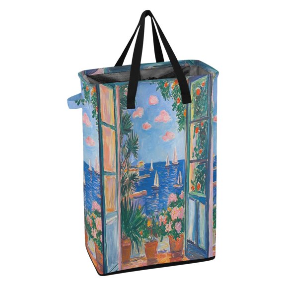 Yayeee Laundry Basket Collapsible Clothes Hamper with Handle Tall Freestanding Organizer, Sea Window