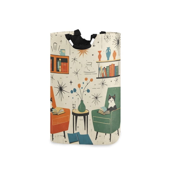 Yayeee Freestanding Laundry Hamper with Handle Collapsible Large Storage Basket for Clothes, Beige Cats Reading