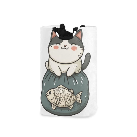 Yayeee Freestanding Laundry Hamper with Handle Collapsible Large Storage Basket for Clothes, Beige Cute Cat