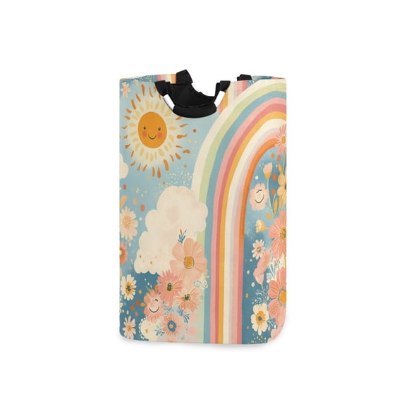 Yayeee Freestanding Laundry Hamper with Handle Collapsible Large Storage Basket for Clothes, Beige Rainbow Clouds