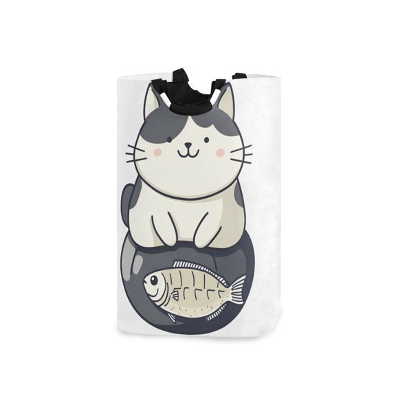 Yayeee Freestanding Laundry Hamper with Handle Collapsible Large Storage Basket for Clothes, Black Cute Cat