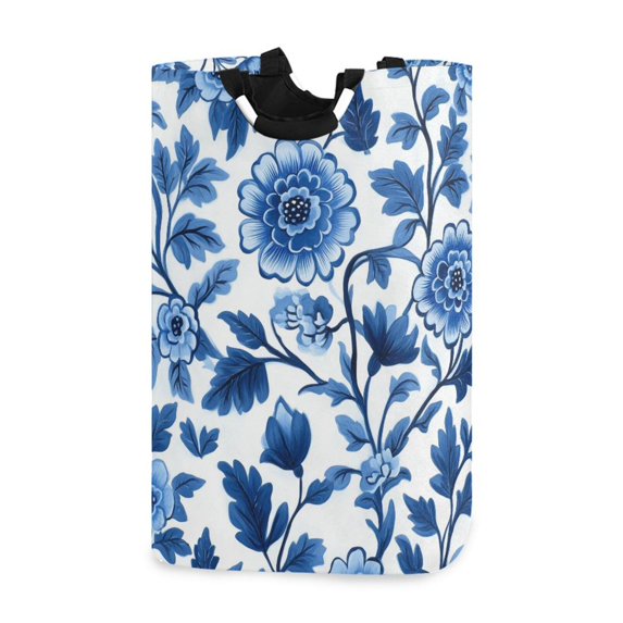 Yayeee Freestanding Laundry Hamper with Handle Collapsible Large Storage Basket for Clothes, Blue Floral Pattern