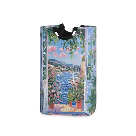 Yayeee Freestanding Laundry Hamper with Handle Collapsible Large Storage Basket for Clothes, Blue Floral Window
