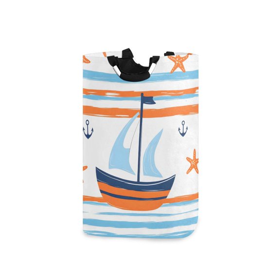 Yayeee Freestanding Laundry Hamper with Handle Collapsible Large Storage Basket for Clothes, Blue Nautical Pattern