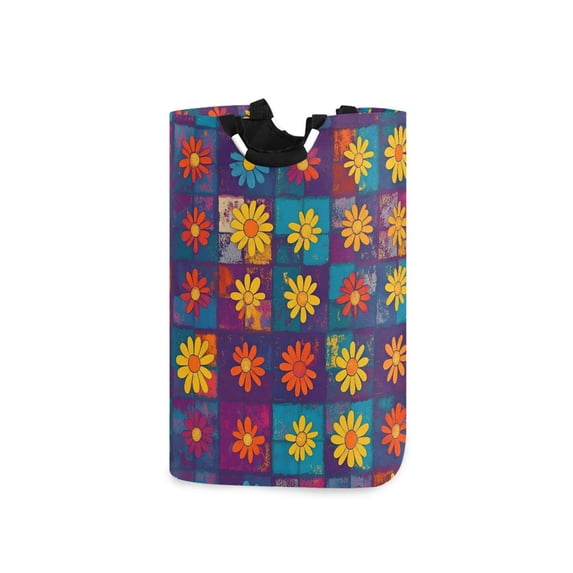 Yayeee Freestanding Laundry Hamper with Handle Collapsible Large Storage Basket for Clothes, Colorful Checkered Daisy