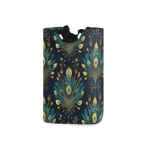 Yayeee Freestanding Laundry Hamper with Handle Collapsible Large Storage Basket for Clothes, Gold Peacock Pattern