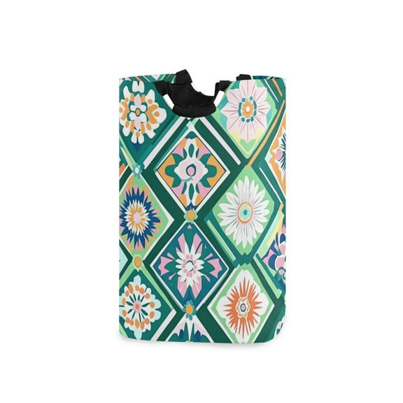 Yayeee Freestanding Laundry Hamper with Handle Collapsible Large Storage Basket for Clothes, Green Geometric Flowers