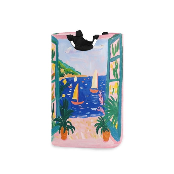 Yayeee Freestanding Laundry Hamper with Handle Collapsible Large Storage Basket for Clothes, Green Seaside