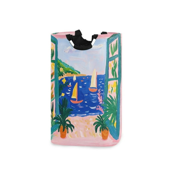 Yayeee Freestanding Laundry Hamper with Handle Collapsible Large Storage Basket for Clothes, Green Seaside